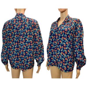 80s Silky Paisley Scarf Print Blouse | Blue Teal Red & Gold | XS/S