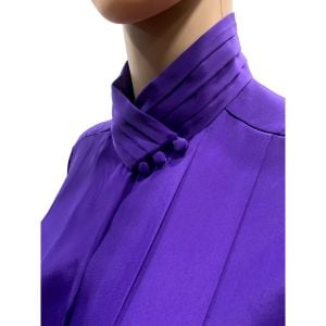 80s Purple Silky Pleated Tuxedo Blouse High Collar | XS/S Petite 