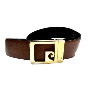 80s PC Logo Buckle Leather Belt | Reversible Black Brown | made Spain  - Fashionconservatory.com