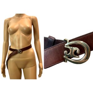 70s Mod Brown Leather Belt w Brass Logo Buckle