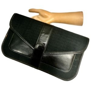 70s Pierre Cardin Black Leather Monogram Fabric Clutch Bag Large 14 x 8