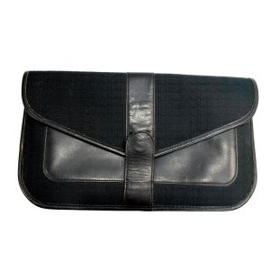 70s Black Leather & Signature Fabric Envelope Clutch Bag 