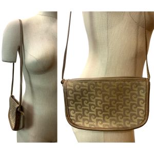 70s Tan Leather & Monogram Fabric Mini Shoulder Bag Pouch - Fashionconservatory.com