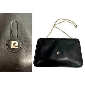 70s  Black Leather Shoulder Bag Gold Logo & Chain