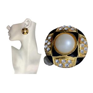 80s Large Gold Rhinestone Pearl & Black Enamel Statement Earrings | Clip