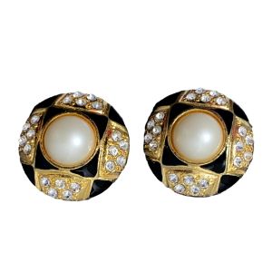 80s Large Gold Rhinestone Pearl & Black Enamel Statement Earrings | Clip - Fashionconservatory.com