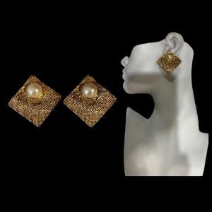 60s Vintage Large Gold Square Clip Earrings w Pearl 