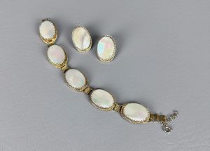 60s Whiting and Davis Goldtone Mother of Pearl Cabochons Bracelet and Clip On Earrings