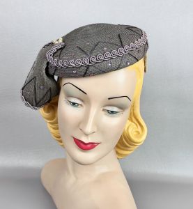 Vintage 1950s Grey Straw Cocktail Hat with Pearl Accents and Side Swag