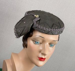 50s Grey Straw Cocktail Toque Hat with Pearl Accents and Side Swag, VFG - Fashionconservatory.com