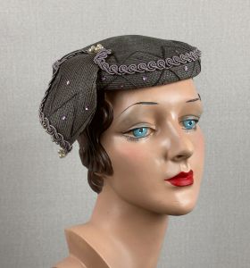 50s Grey Straw Cocktail Toque Hat with Pearl Accents and Side Swag, VFG