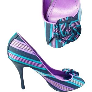 Peeptoe Heels Purple Black Turquoise Fabric Pumps with Rosette