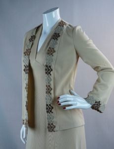 70s Tan Halter Maxi with Embroidered Jacket, MW Penney, Sz S - Fashionconservatory.com