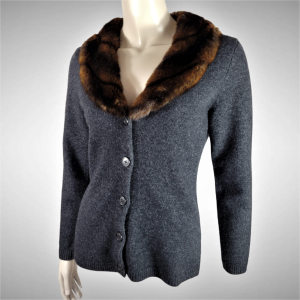 LAUREN RALPH LAUREN Dark Charcoal Gray Cashmere Blend Cardigan Faux Fur Collar - Fashionconservatory.com