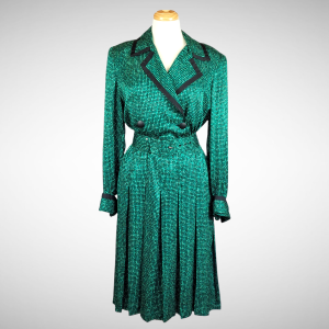 Pleated Day Dress Stylized Green Dots High End Brand Don Elliot for Alper Schwartz Philadelphia 