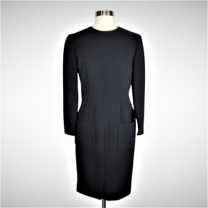 Louis Feraud Little Black Dress Wool Crepe Tailored Sheath Style Zipper Hem Sleeves 