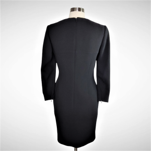 Louis Feraud Little Black Dress Wool Crepe Tailored Sheath Style Zipper Hem Sleeves  - Fashionconservatory.com