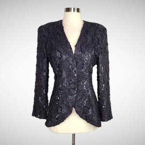 CATHY HARDWICK Evening Jacket Black Maroon Ribbon Lace Sequin Trim Hourglass Silhouette