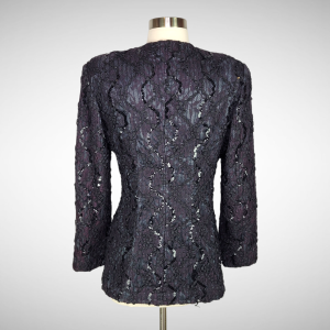 CATHY HARDWICK Evening Jacket Black Maroon Ribbon Lace Sequin Trim Hourglass Silhouette - Fashionconservatory.com