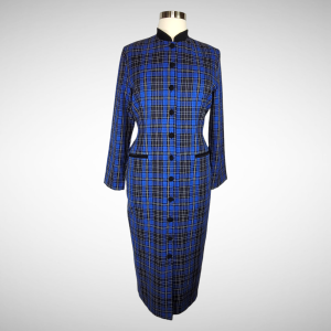 90s M. H. M. Melissa Harper Blue Plaid Button Front Coat Dress Black Velveteen Trim Plus Size