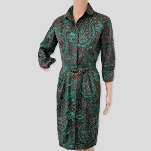 50s Dark Green Print Dress Vintage Cotton Lined XS