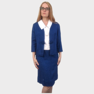 60s Blue Skirt Suit Short Jacket XS