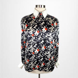 ESCADA Button Front Silk Blouse Red White Black Dice Print Detachable White Double Collar Plus Size