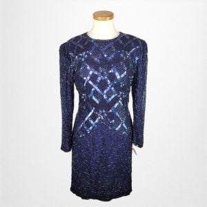 Swee Lo Cocktail Dress Dark Navy Silk Embellished with Beads/Sequins Long Sleeve Sheath Deadstock