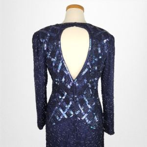 Swee Lo Cocktail Dress Dark Navy Silk Embellished with Beads/Sequins Long Sleeve Sheath Deadstock - Fashionconservatory.com