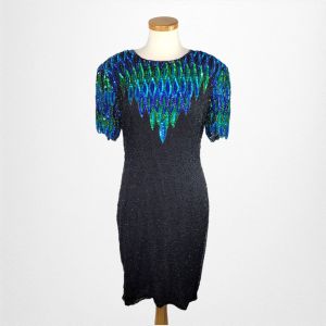 STENAY Silk Evening Dress Blue Teal Green Black Beads and Sequins Sheath Style with Keyhole Back