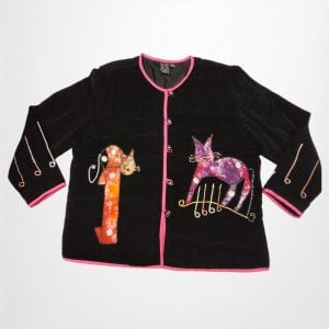 Daniel K Black Pink Art to Wear Jacket Multi Tie-Dye Cats Metallic Cord Trim Indian Bead Buttons