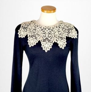 JANE SINGER Black Jersey Dress with Ecru Lace Statement Collar Modest Prim Wednesday Adams Style - Fashionconservatory.com