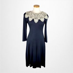 JANE SINGER Black Jersey Dress with Ecru Lace Statement Collar Modest Prim Wednesday Adams Style