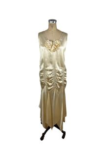 1920s dress flapper era ivory satin ruched handkerchief hem drop waist party dress