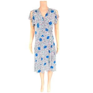 Vintage 80s Vicky Tiel Wrap Dress Midi Short Sleeve Stretchy Floral Size Medium - Fashionconservatory.com