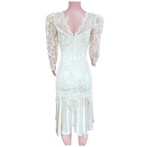 Vintage Cheryl Kaye Crea Ivory Lace Satin Dress Drop Waist Long Sleeve Size Small - Fashionconservatory.com