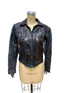 Vintage Harley Davidson black leather biker jacket with conchos and fringe Size M - Fashionconservatory.com