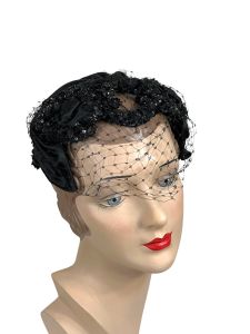 1950s satin and sequin cocktail hat with veil