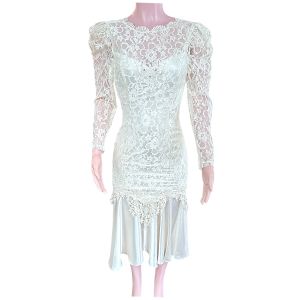 Vintage Cheryl Kaye Crea Ivory Lace Satin Dress Drop Waist Long Sleeve Size Small