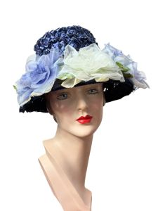 1960s blue silk flower cello straw hat Size 21