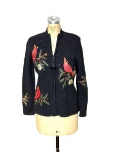 Y2K holiday sweater with sequin embroidered cardinals and beaded berries Size S/M
