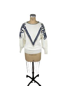 1980s 90s sweater with faux leather appliques oversized - Fashionconservatory.com