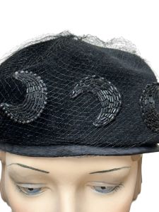 1960s black velour tam beret with beaded crecent moons Size 22 - Fashionconservatory.com