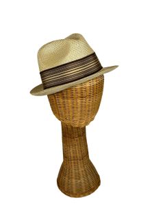 1950s straw fedora hat with striped silk band long oval Size 7 1/8  - Fashionconservatory.com