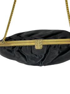 1940s black satin evening bag with etched gold frame and serpentine chain handle - Fashionconservatory.com