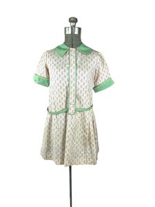 1930s girls cotton dress with rose print and contrast embroidered collar and cuffs 