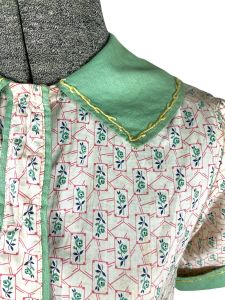1930s girls cotton dress with rose print and contrast embroidered collar and cuffs  - Fashionconservatory.com