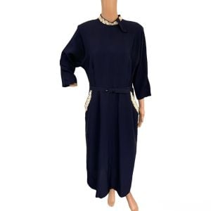 50s 60s Dress Dark Blue Rhinestone Lace Trims 40 31 44 L