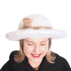 60s Off White Beige Leather Plush Fur Felt Schiaparelli Wide Brim Hat