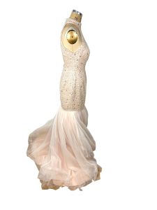 1980s halter gown blush pink with pearls and rhinestones mermaid style - Fashionconservatory.com